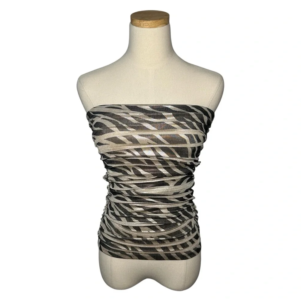 Vintage Forever 21 Metallic Y2K Zebra Stripes Strapless Ruched Tube Top, Medium - Picture 1 of 10